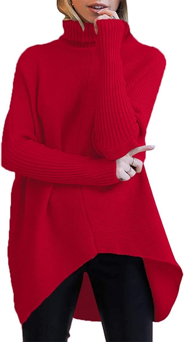 ANRABESS Womens Turtleneck Oversized Sweater 2023 Long Batwing Sleeve Asymmetric Hem Casual Knit Pul | Amazon (US)