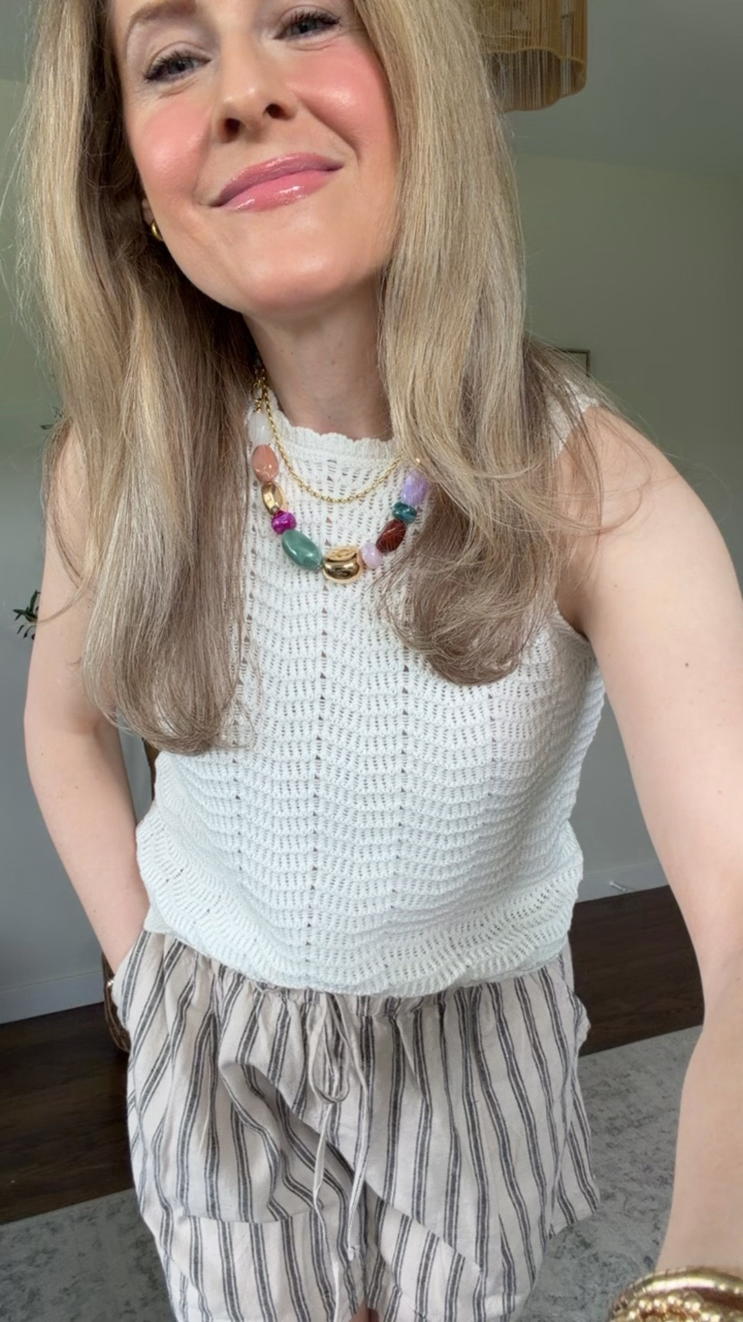 Walmart crochet look sweater knit tank tops are $12, in the girls section. I’m wearing size XL, fits like a women’s size small. I’ll link a similar Amazon option. Shorts I sized up one size to medium. #walmartfashion