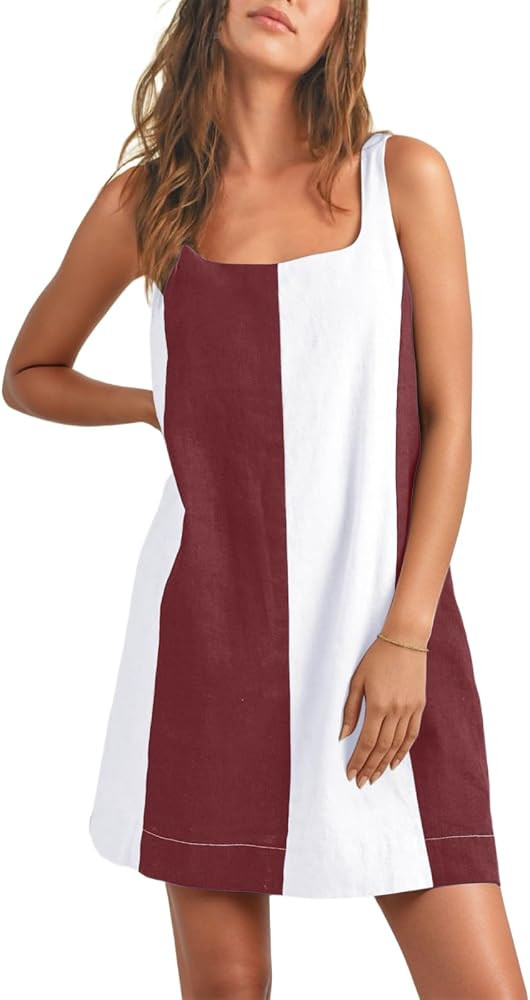 CHARTOU Women Summer Sleeveless Linen Dress Color Block Short Beach Vacation Tank Dress | Amazon (US)