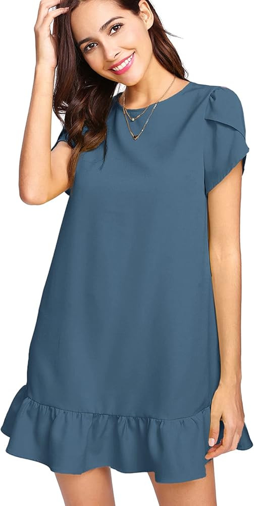 Verdusa Women's Round Neck Petal Short Sleeve Ruffle Hem Tunic Dress | Amazon (US)
