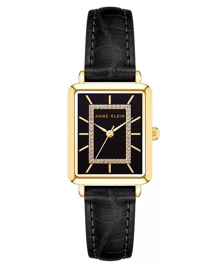 Anne Klein Women's Watch in Black Faux Leather with Gold-Tone Lugs, 24x36.3mm - Macy's | Macy's