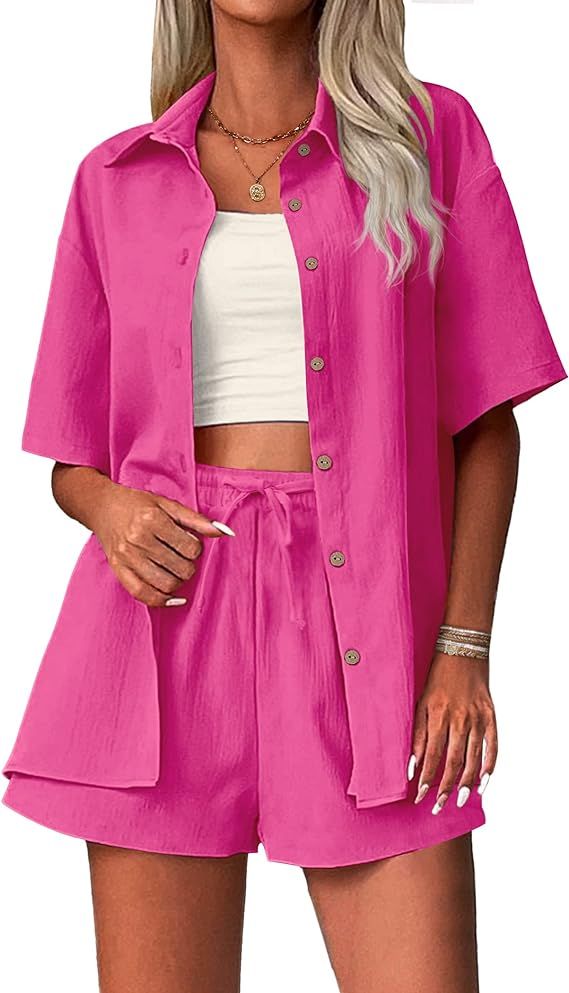 Zeagoo Womens 2 Piece Outfits Cotton Linen Shirt and Drawstring Short Set 2023 Summer Vacation Se... | Amazon (US)