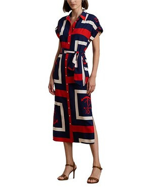 Lauren Ralph Lauren Crepe de Chine Printed Point Collar Short Sleeve Belted Shirtdress | Dillard'... | Dillard's