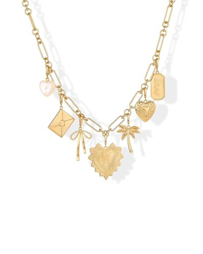 PAVOI 14K Yellow Gold Plated Chunky Charm Necklace Pack for Women | Statement Paperclip Chain Necklaces with Removable Charms | Heart Palm Tree Bow Pearl Love Friendship Necklace - Valentines Day Trendy Jewelry | Amazon (US)