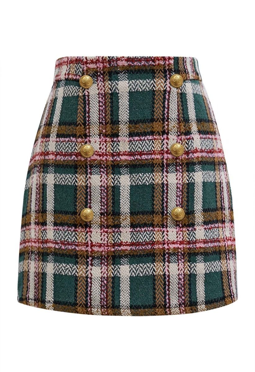 Golden Buttons Green Plaid Wool-Blend Mini Skirt | Chicwish