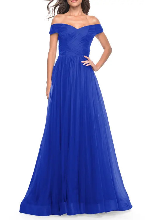 La Femme A-Line Tulle Prom Dress with Off the Shoulder Top in Royal Blue at Nordstrom, Size 2 | Nordstrom