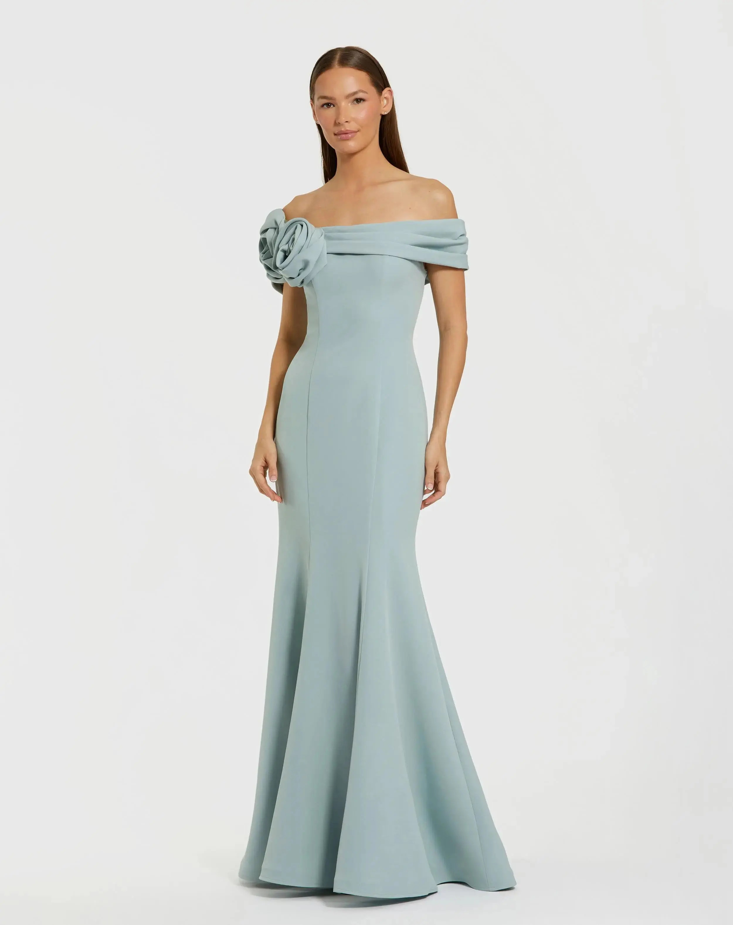 Blue Off The Shoulder Crepe Mermaid Gown | Mac Duggal | Mac Duggal