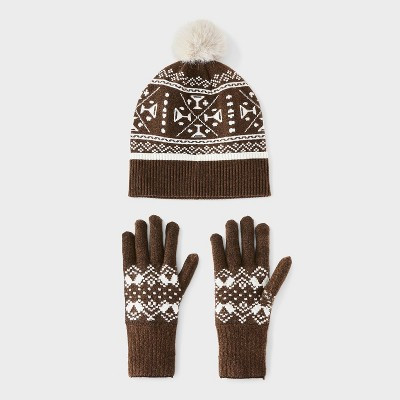 Fair Isle Pattern Beanie & Gloves 2pc Set - Universal Thread™ Brown | Target
