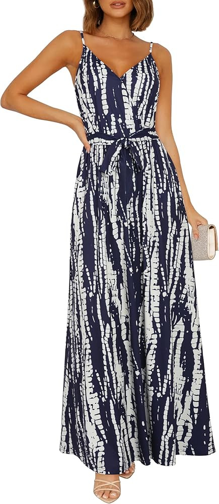 OUGES Womens Summer Maxi Dress V Neck Floral Adjustable Spaghetti Strap Beach Dresses with Pocket... | Amazon (US)