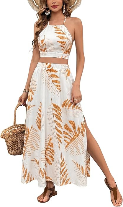 Amazon.com: BEAUDRM Women's 2 Piece Outfits Tropical Print Beach Outfits Tie Cami Crop Top and Sp... | Amazon (US)