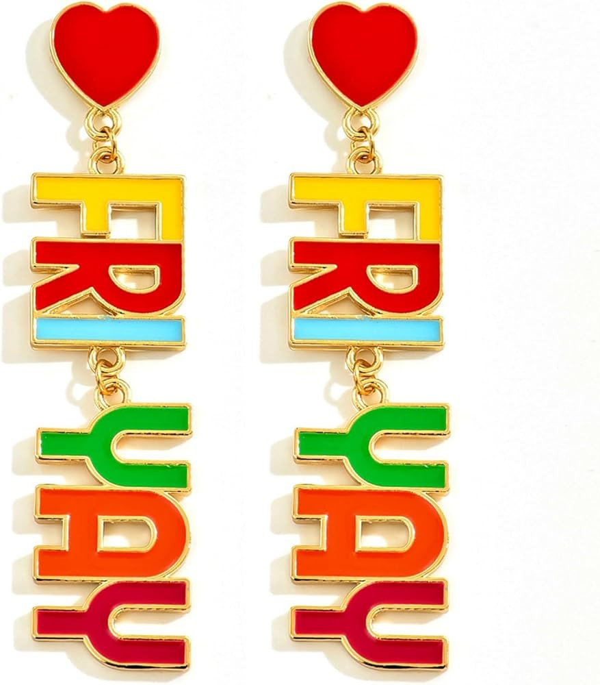 Colorful Beaded Rhinestone Fri-Yay Letter Dangle Earrings Lgihtweight Rainbow Teacher Letter Dang... | Amazon (US)