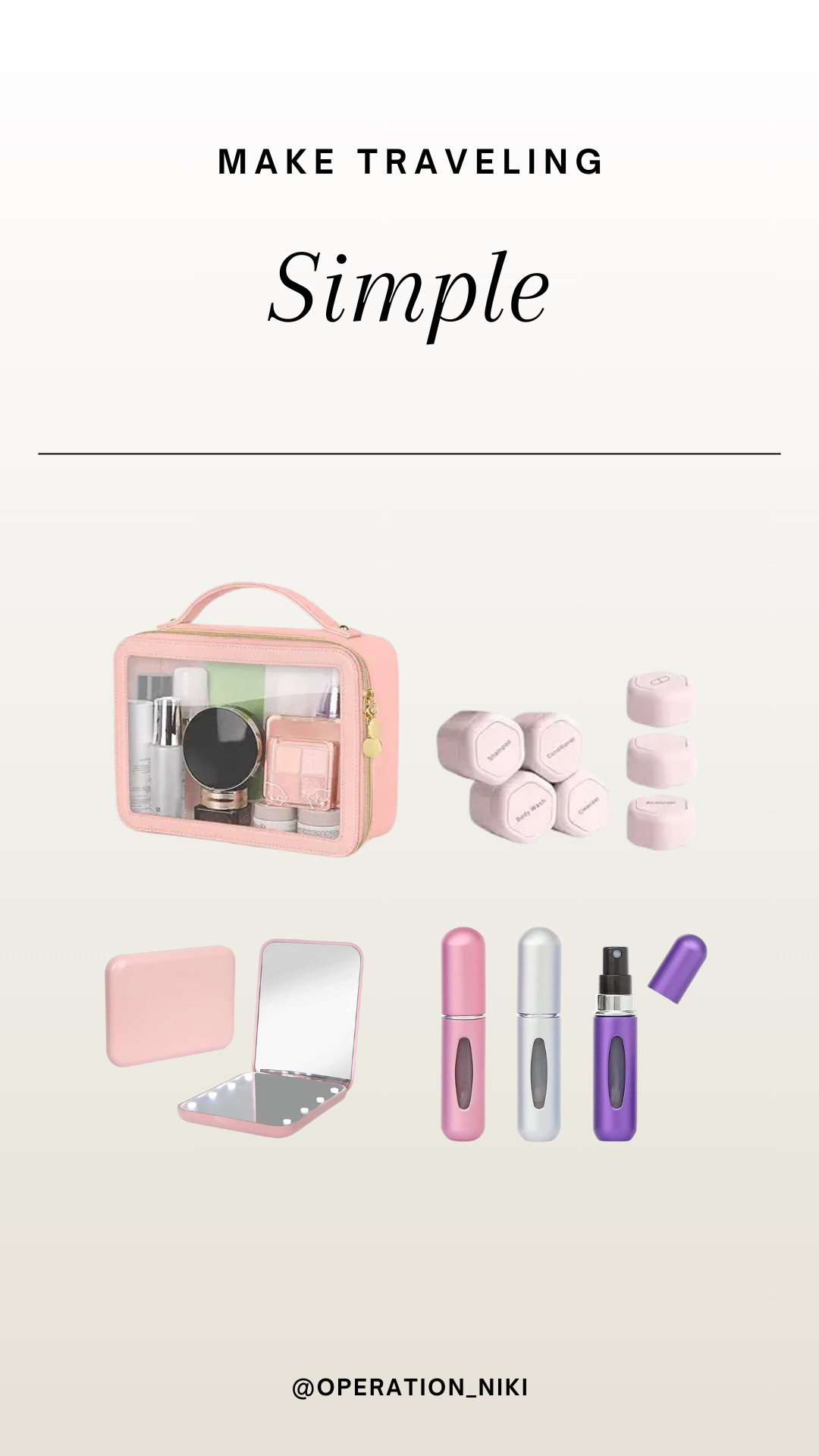 Packing made easy with my travel must-haves! ✨ A clear makeup bag to keep everything in sight, stackable product containers to save space, a compact mirror for quick touch-ups, and a purse-friendly perfume container to stay fresh on the go. The little things that make a big difference when traveling! 🧳💕
💖 Follow for more @OPERATION_NIKI on IG, TikTok, & Facebook sahm, amazon finds, home essentials, beauty closet, mom bag, organized home, mom purse, cleaning must haves, cleaning tips, organization, travel bag, bedroom clean, cleaning, organization, cleaning tools, house clean, odors, house spray, winter beauty, self care, vacation 

#LTKStyleTip #LTKFamily #LTKTravel