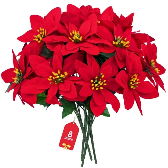 Scidweet Christmas Artificial Flowers, 8 Pack Fake Red Poinsettia Flowers Bouquet for Indoor Outd... | Walmart (US)