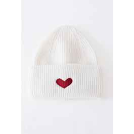 Heart Patch Folded Beanie Hat in White | Chicwish