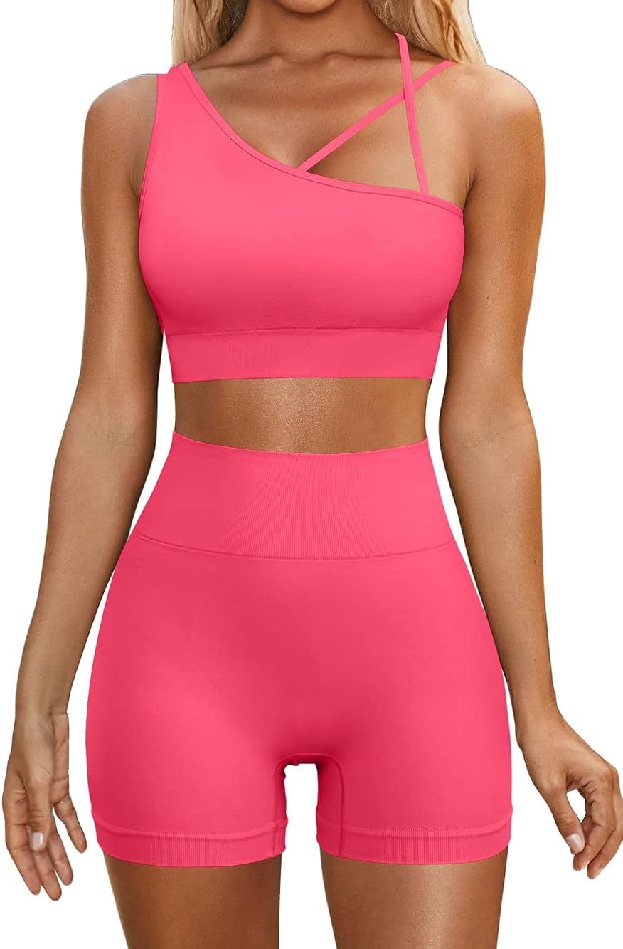QINSEN Workout Sets for Women One Shoulder Sport Bra High Waist Booty Shorts Seamless Gmy Yoga 2 ... | Amazon (US)