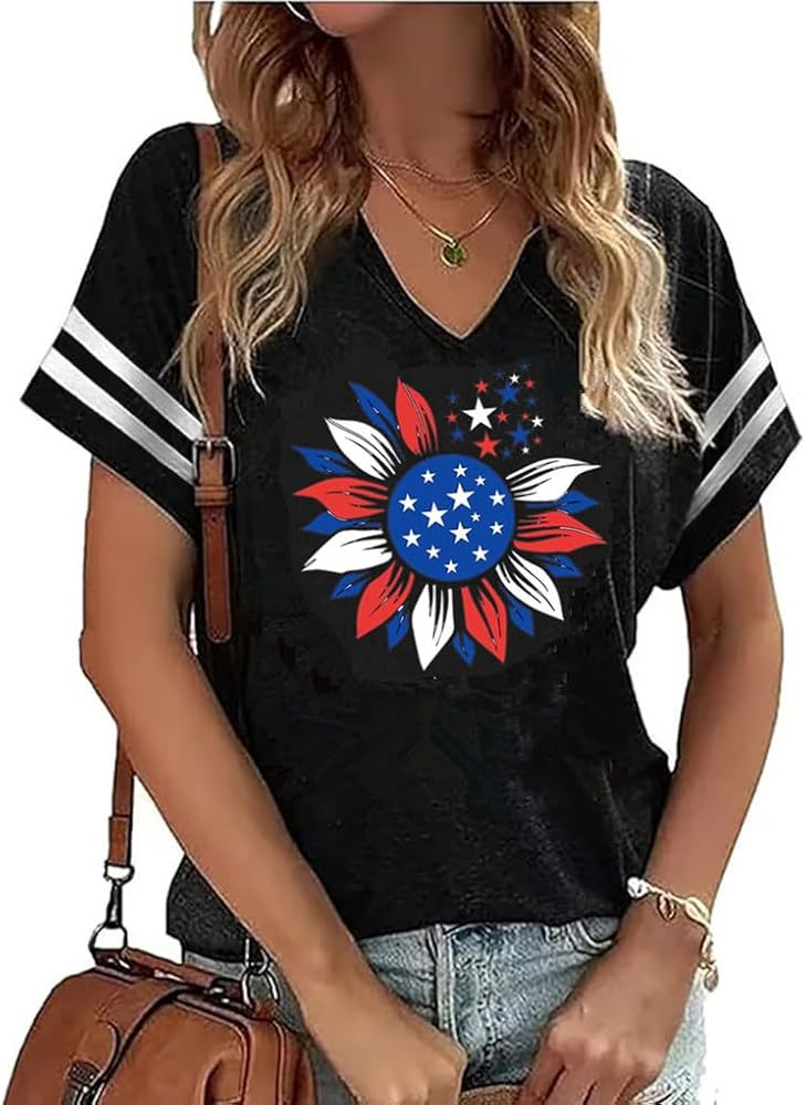 American Flag Shirts Women 4th of July V-Neck Short Sleeve Patriotic T-Shirt Memorial Day Graphic... | Amazon (US)