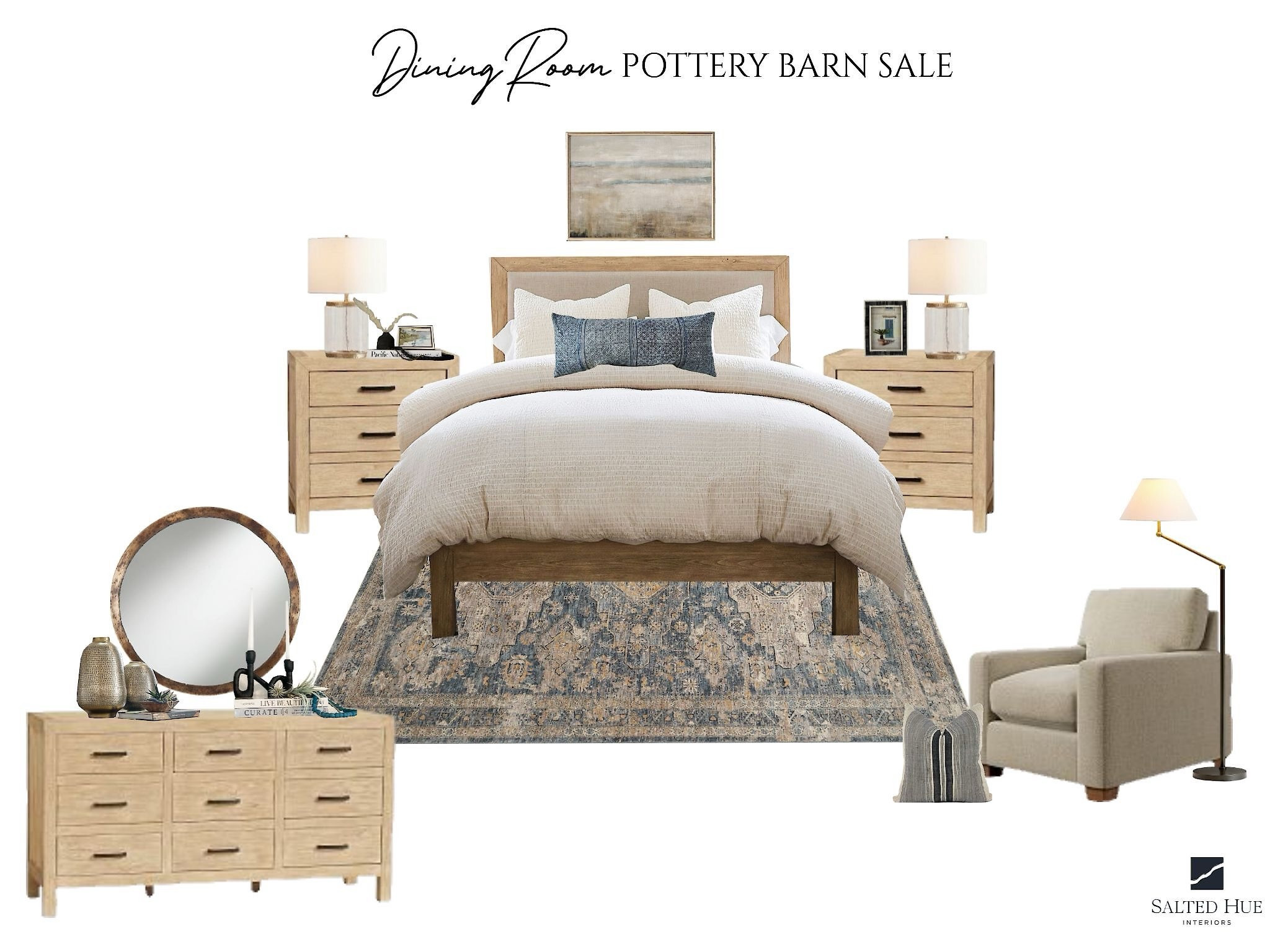 Pottery Barn sale. Pottery Barn furniture. Bedroom design. Dresser. Chair with floor lamp. King bed. Nightstands. Table lamps. Pillows. Area rug. Master bedroom  

#LTKSaleAlert #LTKHome