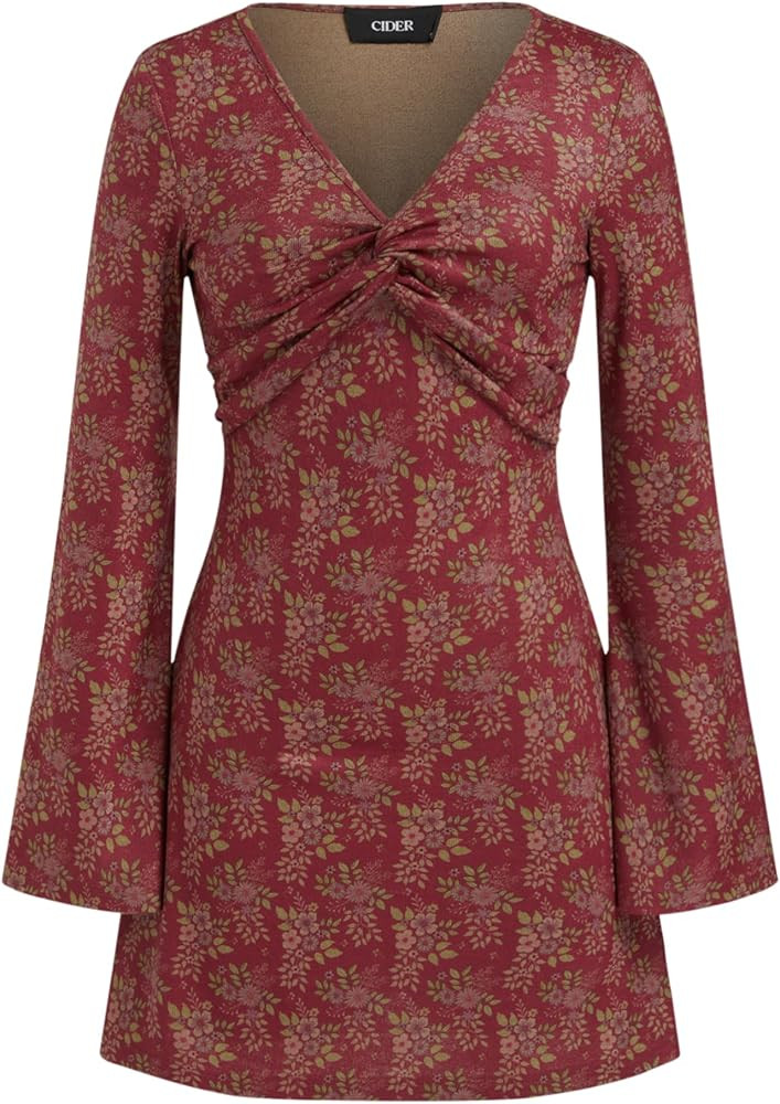 CIDER Floral Print Mini Dress Long Sleeve V Neck Ruched Bodycon Dresses | Amazon (US)