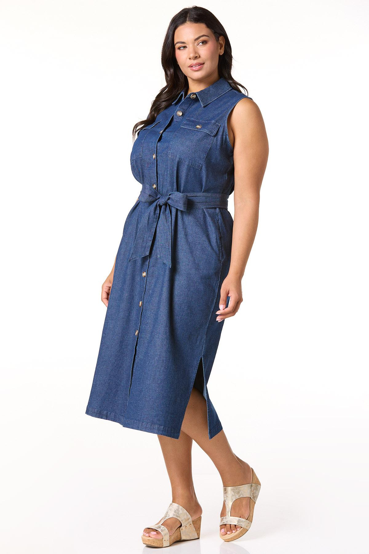 Plus Size Classic Belted Denim Midi Dress | Cato Fashions
