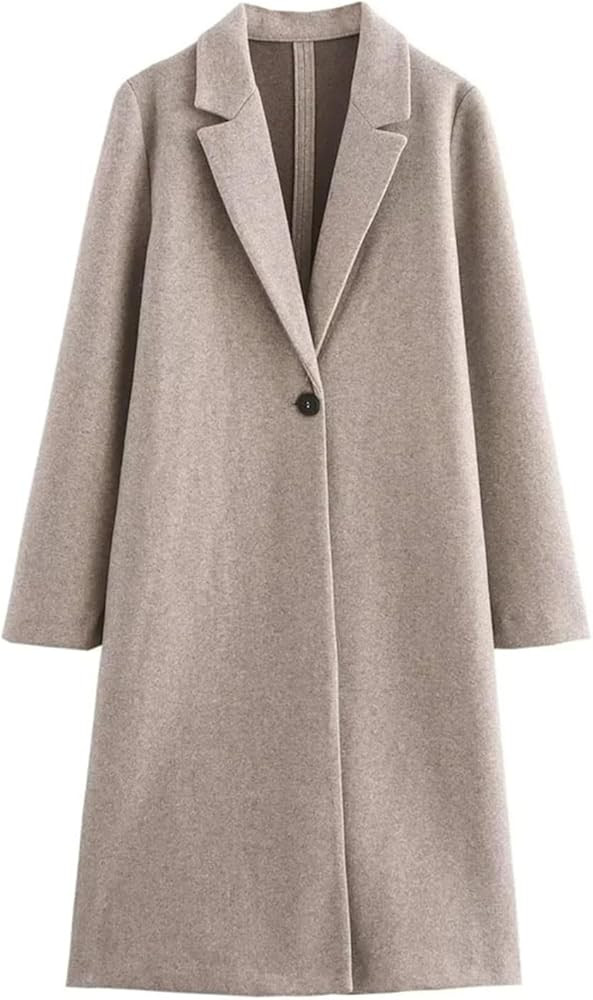 Women's Lapel Single Button Soft Long Sleeve Solid Coat Solid Color Soft Warm Tweed Trenchcoats | Amazon (US)