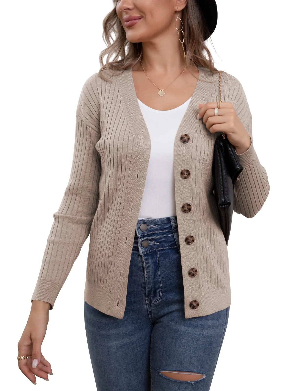 VERABENDI Womens Button Down Cardigan Sweaters Open Front Long Sleeve Lightweight Knit Outwear Co... | Walmart (US)