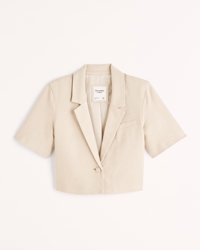 Women's Linen-Blend Short-Sleeve Cropped Blazer | Women's New Arrivals | Abercrombie.com | Abercrombie & Fitch (US)