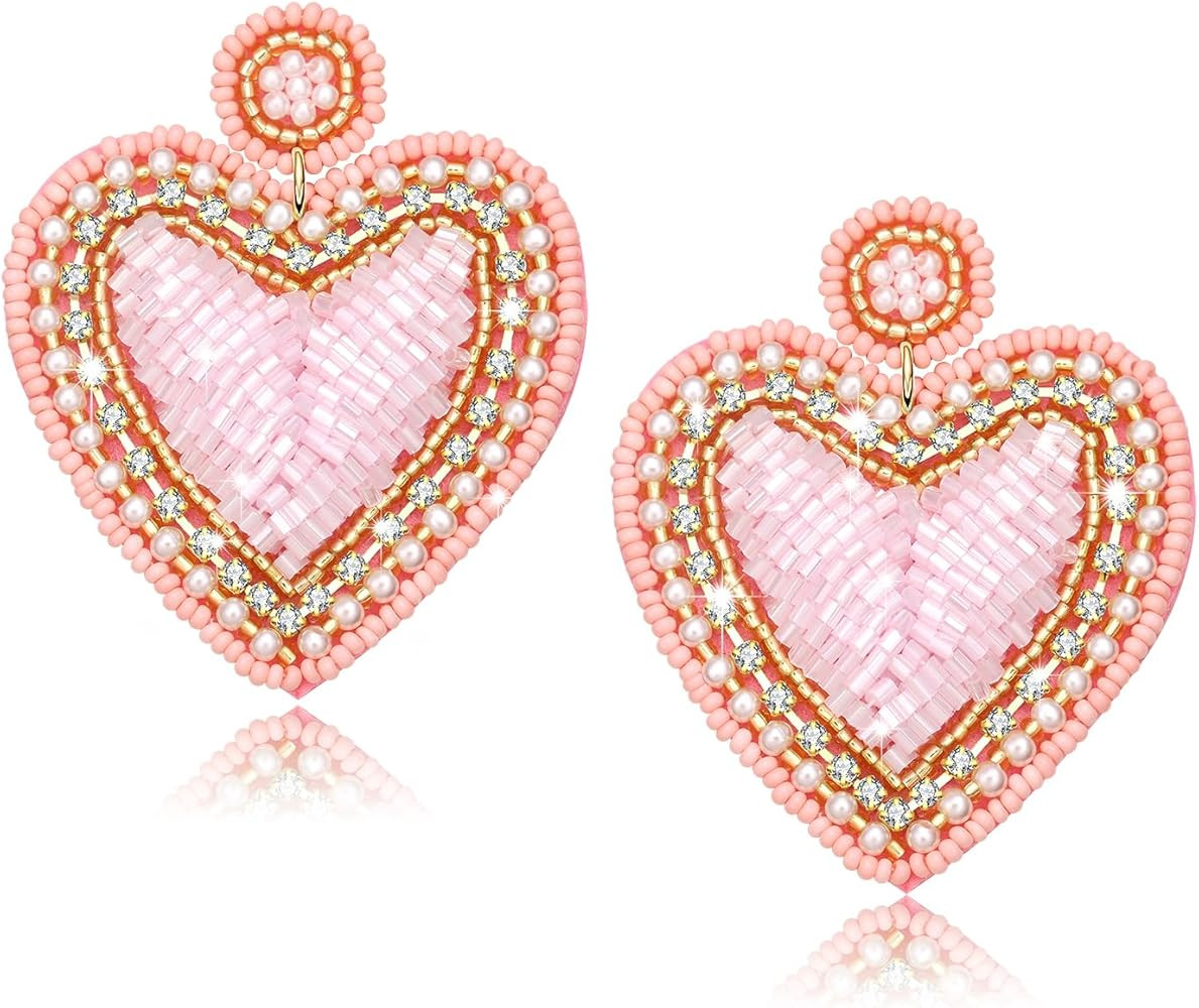Bead Dangle Earrings for WomenRhinestone Heart Drop Dangle Earrings Pearl Heart Earrings Handmade... | Amazon (US)