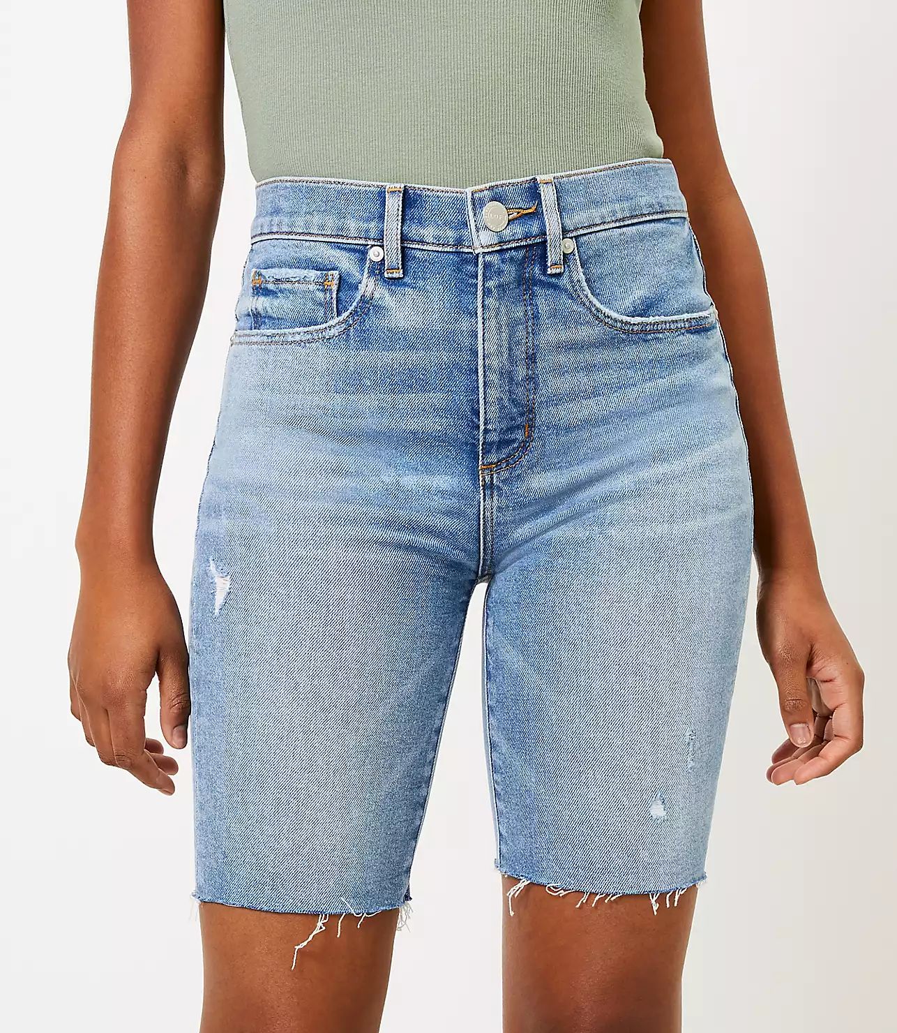 Frayed Denim Bike Shorts in Light Wash Indigo | LOFT