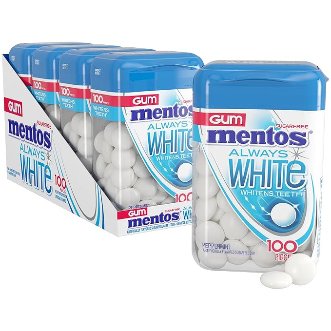 Mentos Always White Peppermint Sugar Free Gum with Xylitol Sweetener, 100 Count Bottle, 4 Bottles | Amazon (US)