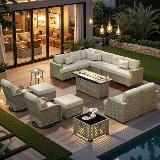 Sentinel 15-Pieces Wicker Outdoor Patio 54 in. Rectangular Fire Pit Set and Swivel Rocking Chairs with Gray Cushions | The Home Depot