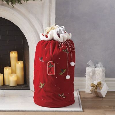 Embroidered Holly Santa's Gift Bag with Personalized Gift Tag | Frontgate | Frontgate