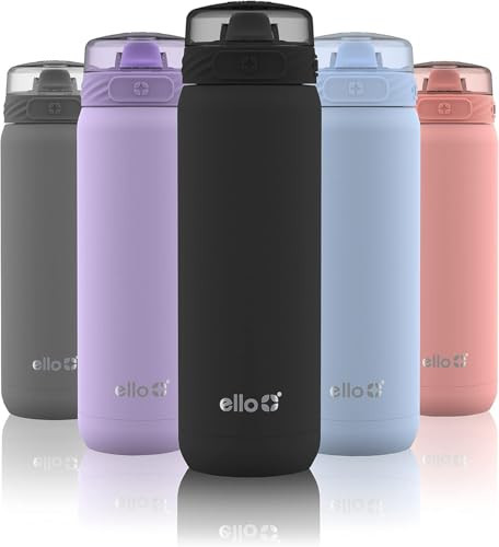 Ello Cooper 22oz Stainless Steel Water Bottle with Straw and Carry Handle, Double Walled and Vacuum Insulated Metal, Leak Proof Locking Lid with Soft Silicone Spout, Reusable, BPA Free, Black | Amazon (US)