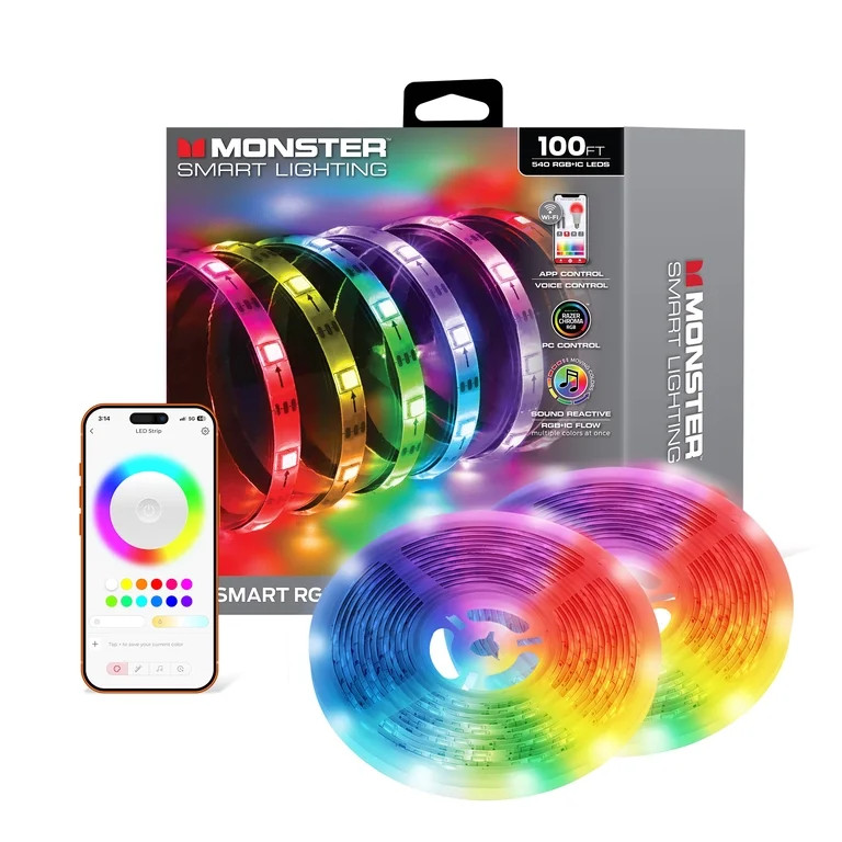 Monster Smart 100ft Indoor Multi-Color Flow LED Light Strip, Sound Reactive, Razer, Corded Electr... | Walmart (US)