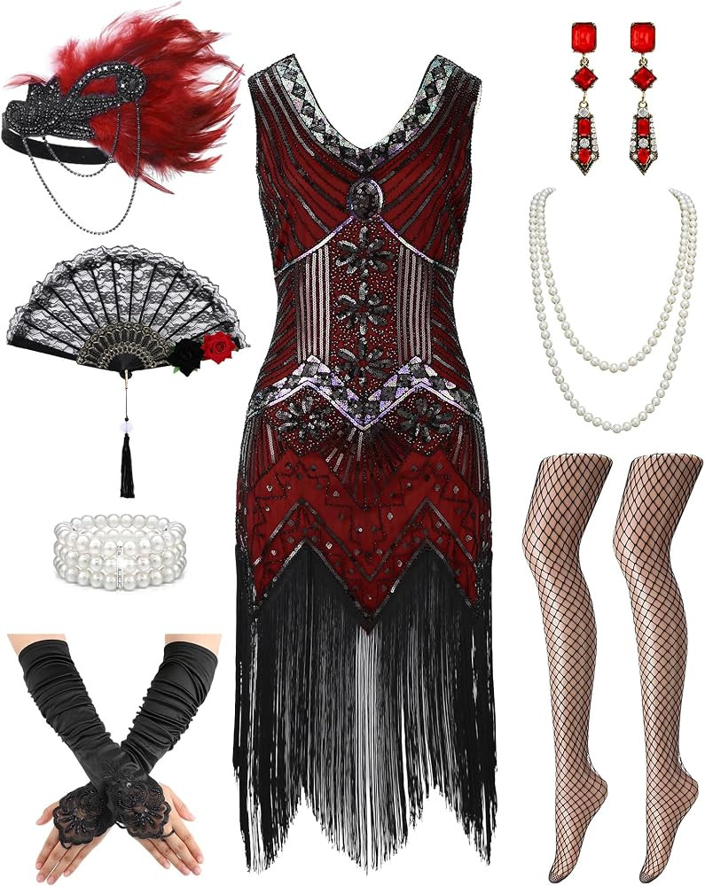 1920s Dresses for Women Flapper Dress Fringes Accessories Vintage Costume | Amazon (US)