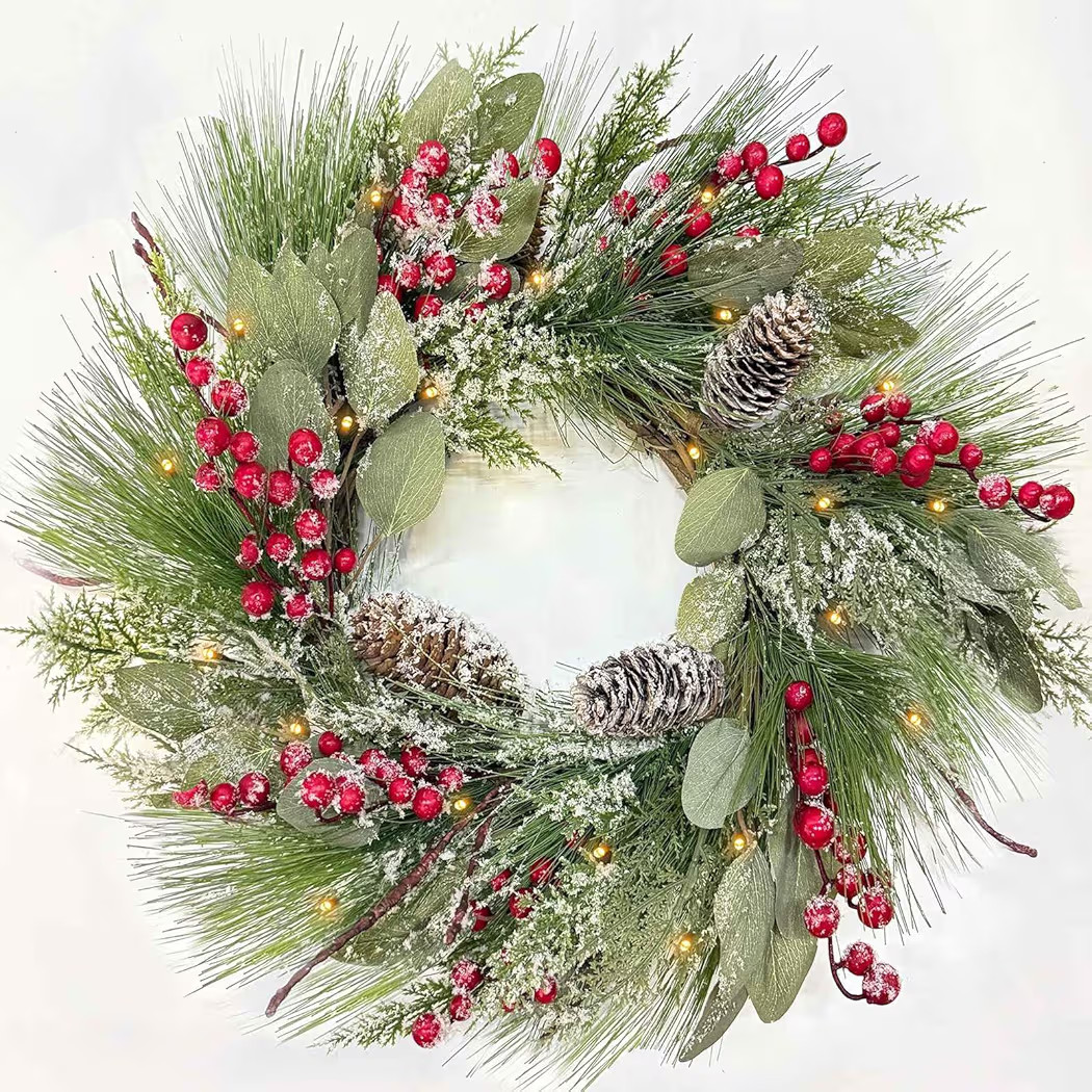 Timer - 20 Inch Lighted Christmas Wreaths for Front Door, Winter Wreath with 30 LEDs Warm White L... | Amazon (US)