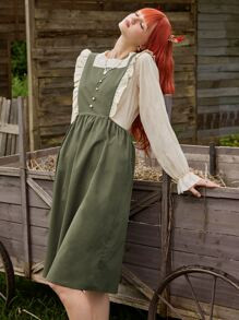 ROMWE Fairycore Ruffle Trim Button Front Overall Dress Without Blouse | SHEIN