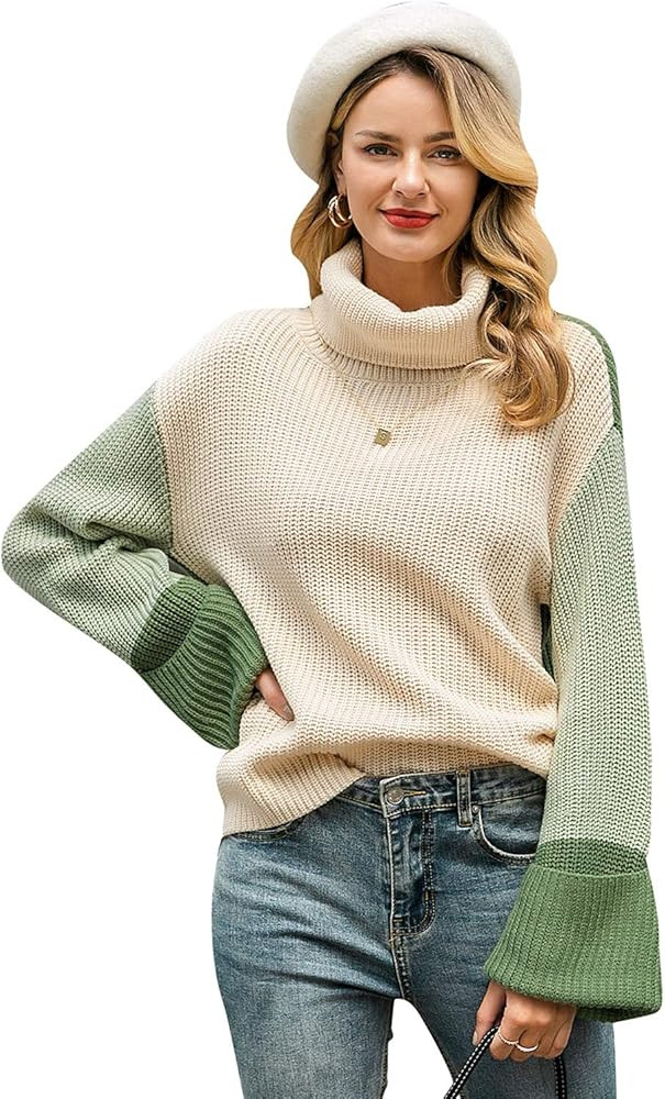 MsLure Women’s Pullover Sweater Casual Long Sleeve Turtleneck Colorblock Sweater Knit Jumper fo... | Amazon (US)