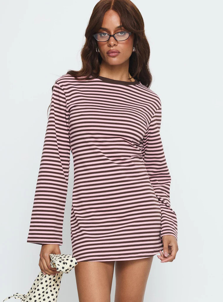 Lulolah Long Sleeve Mini Dress Chocolate / Pink Stripe | Princess Polly US