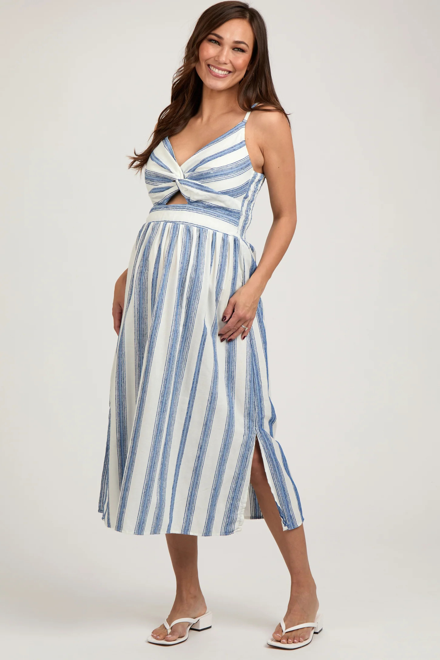 Blue Embroidered Striped Front Cutout Side Slit Maternity Midi Dress | PinkBlush Maternity