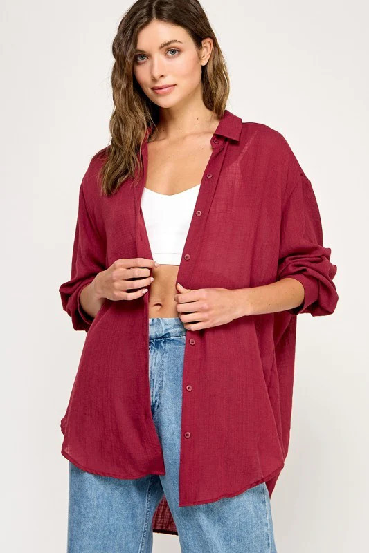 Burgundy Oversized Button Down Shirt | PinkBlush Maternity