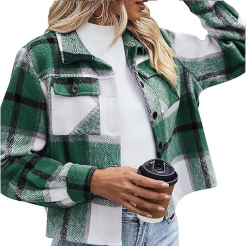 Fall Tops for Women 2025 Trendy Button Down Shirts for Women 2025 Fall Fashion Plaid Cropped Shacket Jacket Cute Flannel Coats Tops Casual Outerwear Mint Green | Amazon (US)