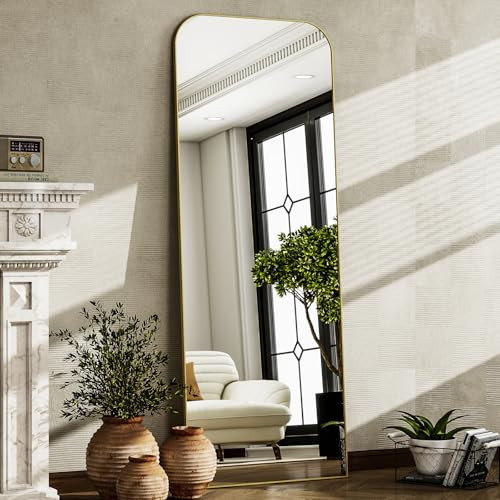 HARRITPURE 57"x20" Full Length Mirror Full Body Mirror Top Rounded Corner Aluminum Frame Hanging or Leaning Wall Floor Mirror with Stand for Living Room Bedroom Cloakroom,Gold | Amazon (US)