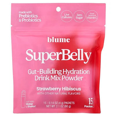 Blume, SuperBelly, Gut-Building Hydration Drink Mix Powder, Strawberry Hibiscus, 15 Packets, 0.14 oz (4 g) Each | iHerb