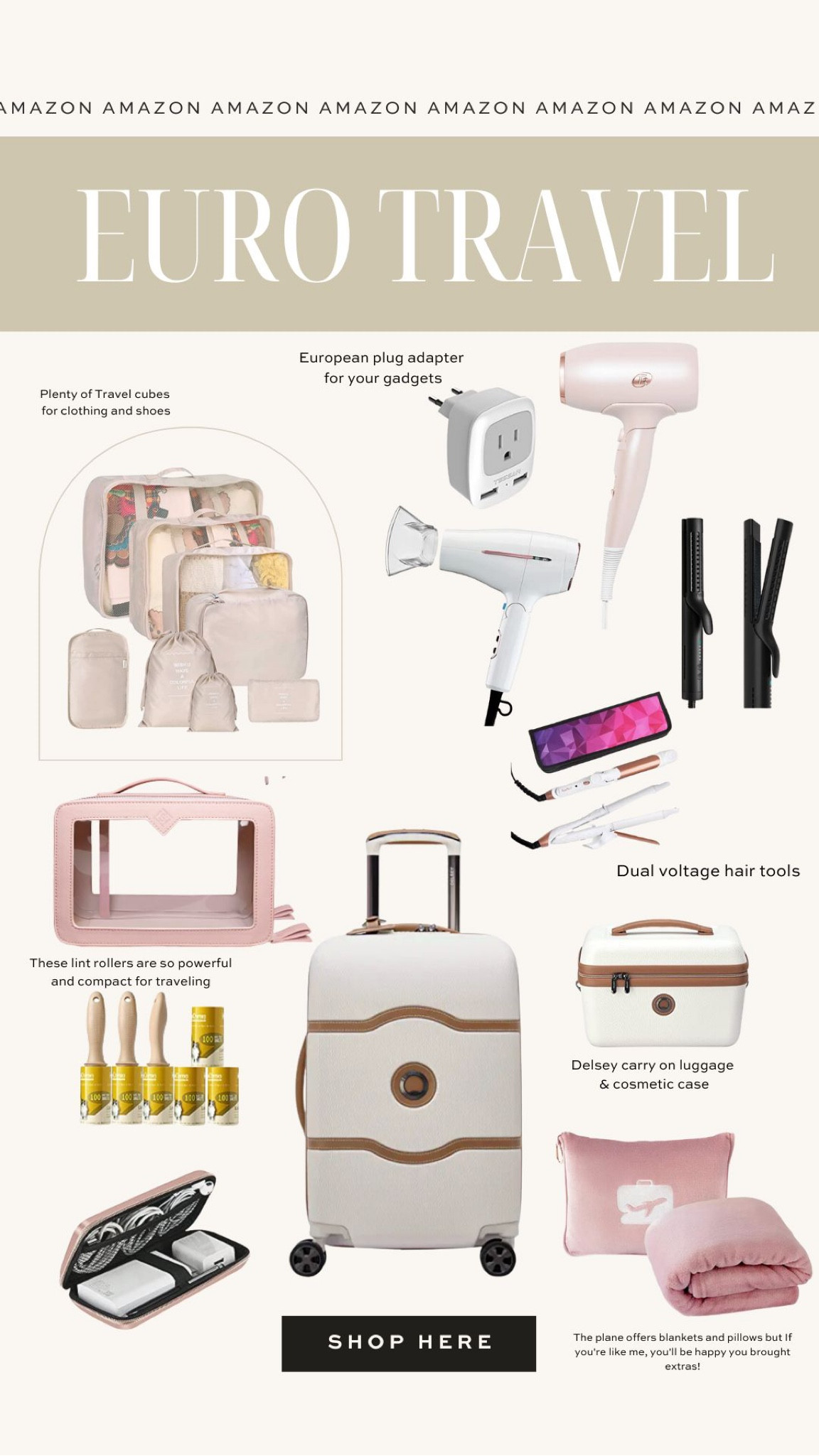 Amazon travel finds
European travel tips
Dual voltage hair tools
Delaney luggage 
Packing tips
Packing cubes 

#LTKtravel #LTKstyletip #LTKunder50