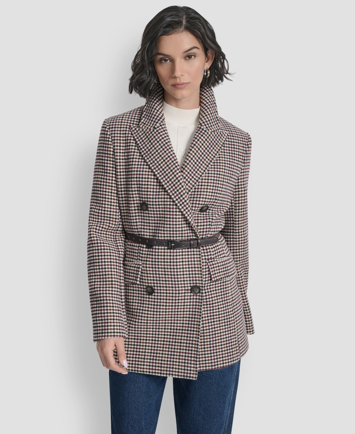 Dkny Women's Short Double-Breasted Belted Coat - Small Check | Macy's