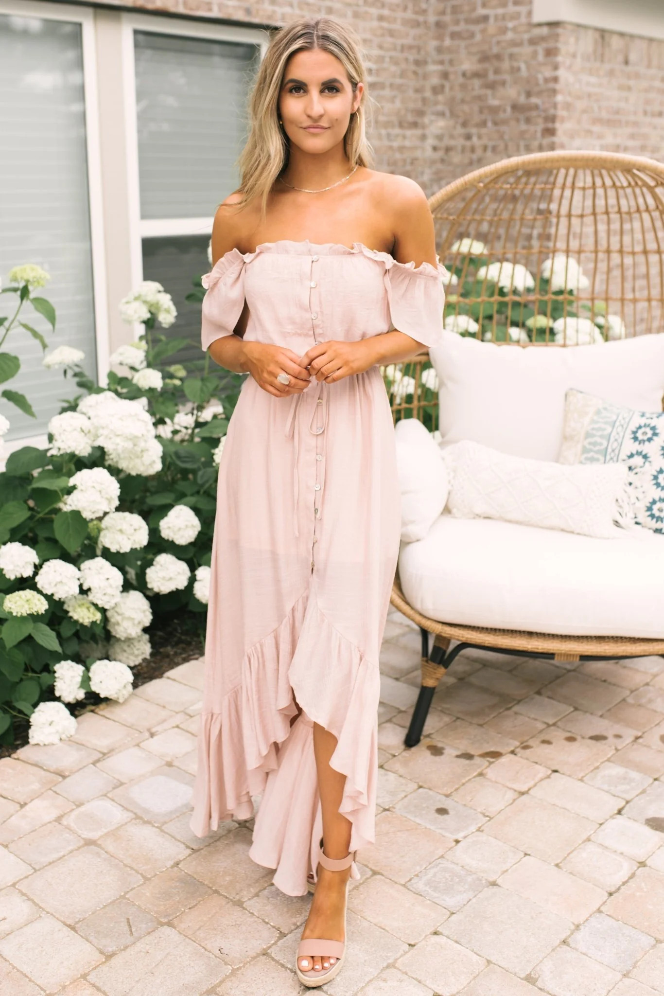 Blush Off the Shoulder Button Down High Low Maxi | Magnolia Boutique
