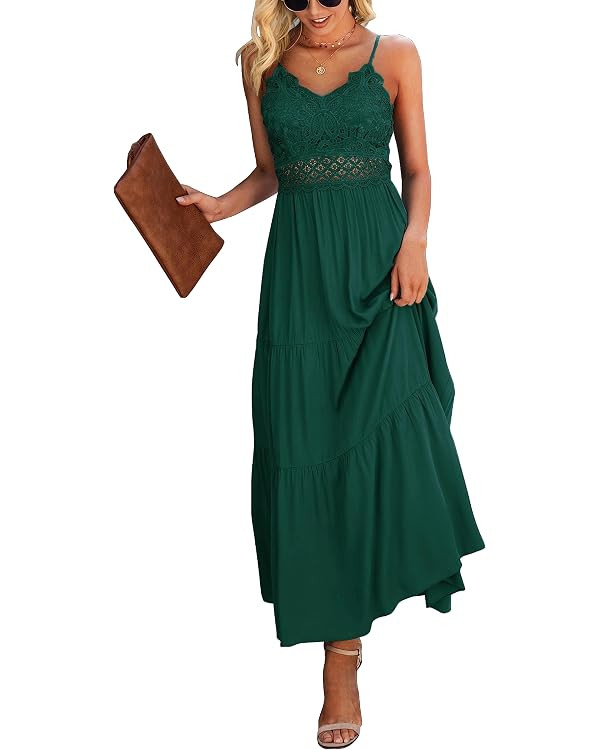 Dokuritu Women's Beach Crochet Lace Maxi Dress Solid Color Summer Vacation Spaghetti Strap Long D... | Amazon (US)
