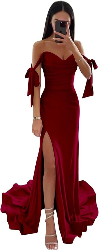 Off Shoulder Satin Bridesmaid Dresses Long with Slit Ruched Mermaid Prom Dress Corset Formal Part... | Amazon (US)