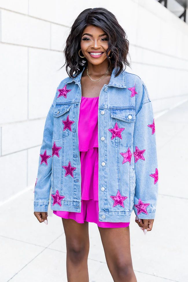 Can't Fight The Moonlight Denim Pink Star Jacket | Pink Lily