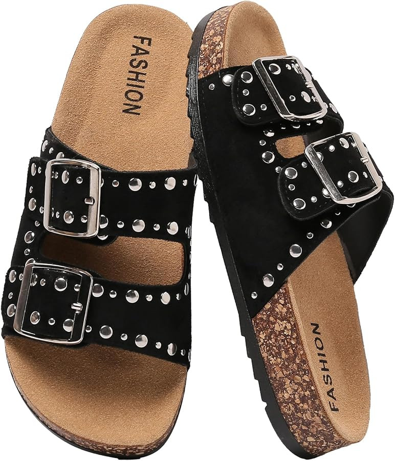Amazon.com | Women\u2019s Cork Footbed Sandals Men\u2019s Adjustable Buckle Flat Mules Slide Sand... | Amazon (US)